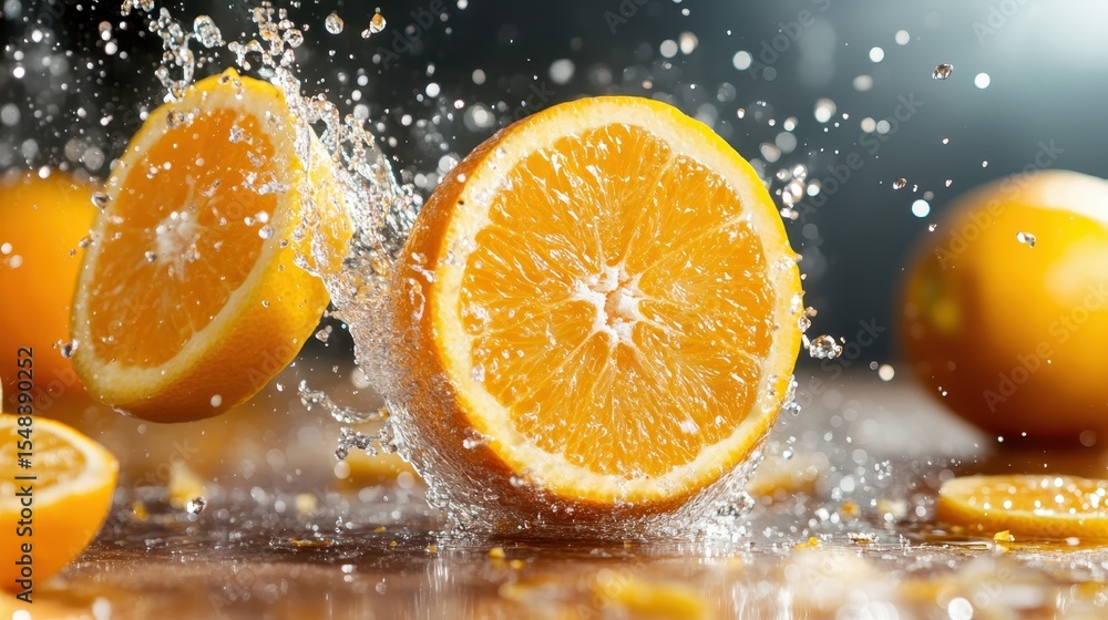 Poster dynamic photo of orange slices splashing into water, showcasing vibrant colors and refreshing detail