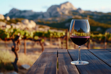  Wine glass on table with scenic vineyard view in Sardinia, Italy - winery ambiance under warm evening light