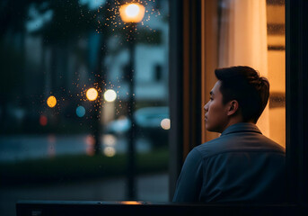 Candid Photograph of a Man in Serene Contemplation, Looking Out a Window at Blurred City Lights at Dusk, Evoking Internal Peace Amidst Urban Chaos.
