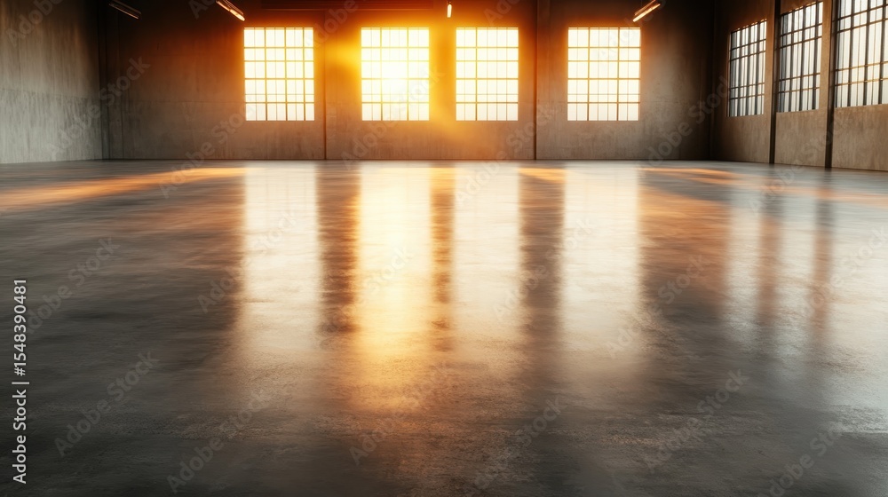 Poster an expansive industrial hall is illuminated by the warm glow of a sunset filtering through large win