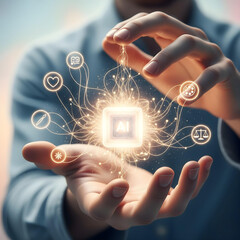 Conceptual Illustration of Human Hands Holding a Luminous AI Core, with Light Threads Connecting to Values Like Empathy and Fairness, Symbolizing Ethical AI.