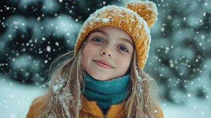 A joyful young girl smiles brightly in a snowy landscape, dressed warmly with a yellow hat, capturing the pure essence of childhood joy and winter magic.