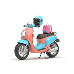 Obraz premium Pastel Pink and Blue Scooter with Helmet and Backpack on White Background