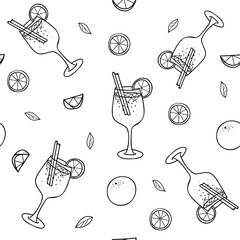 Aperol Spritz Cocktails graphic Seamless pattern. Hand drawn Vector illustration of aperol drink glass with orange fruit and slice in Doodle style. For restaurant menus, bar design.