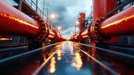 A striking perspective of bright red pipelines glistening after rain at an industrial facility, showcasing the interplay of artificial structures and nature's elements.