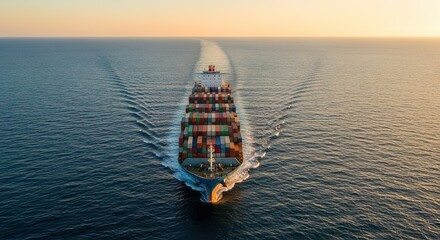 A large cargo ship full of colorful containers travels through calm ocean waters at sunset, symbolizing global trade, transport, and logistics.