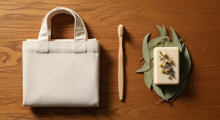 A sustainable lifestyle concept with a canvas tote bag, bamboo toothbrush, and natural handmade soap placed on a wooden background with eucalyptus leaves.