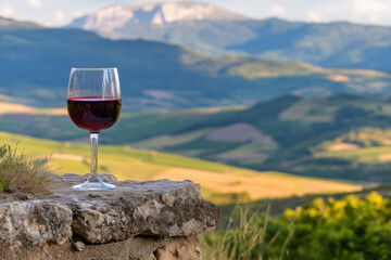  Wine glass in scenic Abruzzo vineyard setting with rolling hills and mountains in Italy's winery landscape