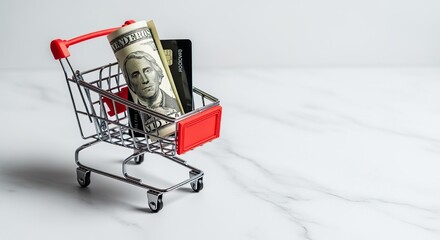 A tiny shopping cart with a rolled dollar bill and credit card inside, placed on a white marble surface representing e-commerce, spending, and retail.
