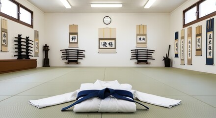 A blue belt neatly tied around a white gi, placed on the floor of a traditional martial arts dojo with Japanese banners and swords in the background.