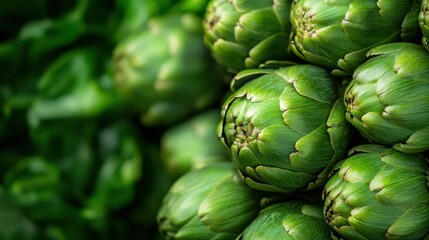 Fototapeta premium These vibrant green artichokes are freshly harvested and beautifully arranged, showcasing their unique texture and form against a soft green background, perfect for culinary use.