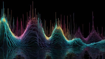 Dynamic Abstract 3D Sound Wave Patterns with Glowing Translucent Forms on Dark Background, High Resolution