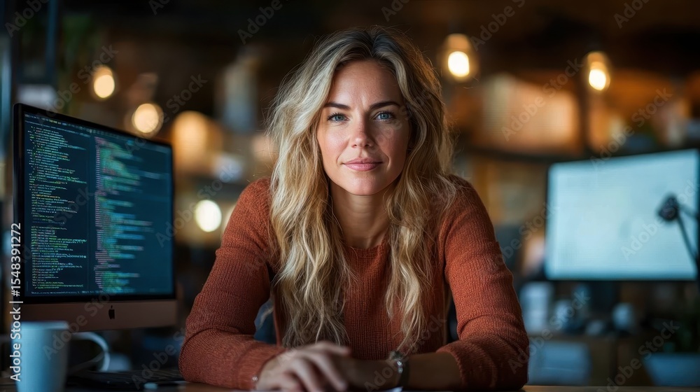 Poster a focused young woman sits confidently in a tech workspace with monitors displaying code, portraying