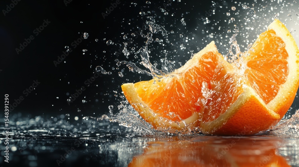 Poster a dynamic and refreshing image showing cut oranges splashing against a dark surface, capturing the e