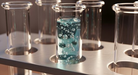Glass Test Tubes Holding Blue Liquid with Bubbles in Metallic Rack