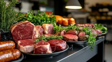A vibrant display of assorted fresh cuts of meat arranged artfully, highlighting the premium quality and variety available, perfect for gourmet cooking and culinary enthusiasts.