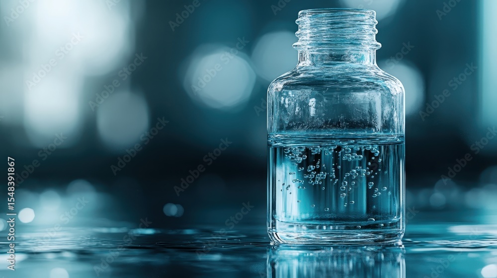 Poster a striking glass bottle filled with clear water and bubbles stands on a reflective surface, creating