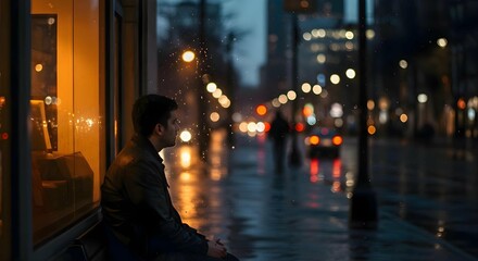 Obraz premium Candid Photograph of a Man in Quiet Contemplation, Observing Blurred City Lights Through a Rain-Streaked Window, Highlighting Urban Solitude and Serenity.
