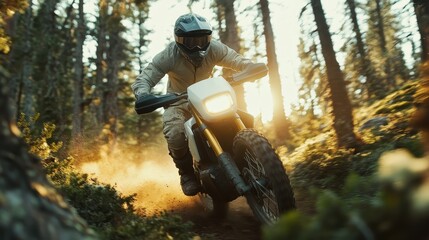 A rugged rider on a dirt bike speeds through a sunlit forest trail, capturing the exhilarating essence of outdoor adventure and the thrill of off-road exploration amid nature's beauty.