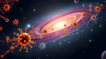 Abstract Depiction of Viruses Amidst a Spiral Galaxy in a Cosmic Space.