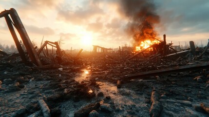 Naklejka premium This dramatic landscape captures the aftermath of destruction with burning ruins and smoke against a stunning sky, evoking feelings of loss and despair.