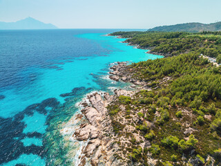 Paradise Kavourotripes Beach, Chalkidiki, Greece. Aerial view of beautiful tropical beach with...