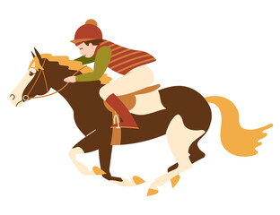 Young jockey riding a galloping pony in motion wearing striped outfit and red helmet