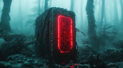 A computer tower, overgrown with moss, stands eerily in a misty forest, blending technology with nature and evoking thoughts on the intersection of life and innovation.