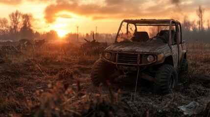 Fototapeta premium An old and rusted off-road vehicle stands alone in a serene landscape during sunset, highlighting the beauty of decay and nature's reclamation of man-made objects.
