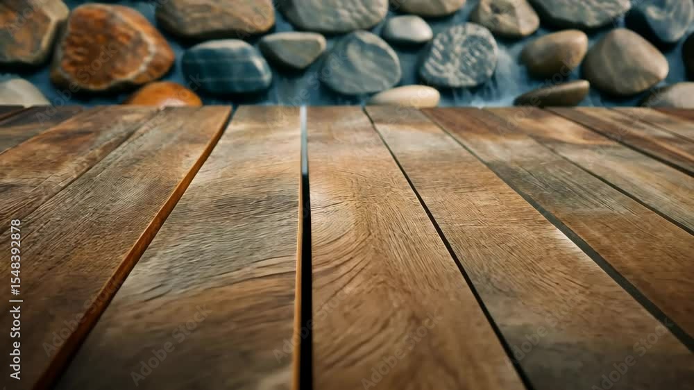 Poster rustic harmony: close-up of a weathered wooden surface in the foreground and a natural stone wall as