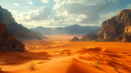 Sun-drenched desert valley with jagged cliffs. Windswept dunes lead into a misty horizon. Ideal for travel editorials, cinematic backdrops, or fantasy landscapes.

