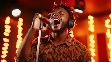 A passionate singer caught in a moment of intense performance, engaging the audience with heartfelt emotions, illuminated by vibrant lights, embodying the spirit of musical expression.