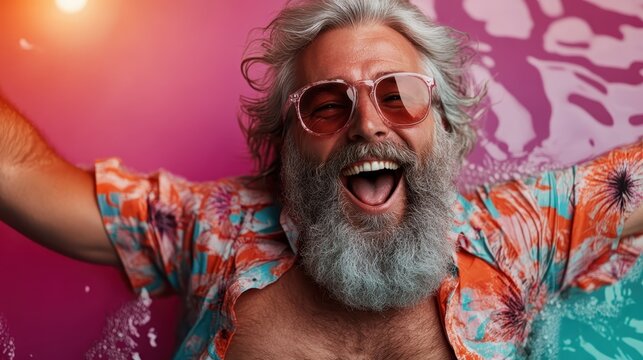An exuberant older man with a fluffy beard and sunglasses exclaims joy while playfully posing by the pool, embodying vitality and a carefree spirit at a vibrant social setting.