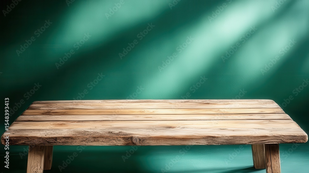 Poster a rustic wooden table sits empty against a minimalist green backdrop, providing a simple and elegant