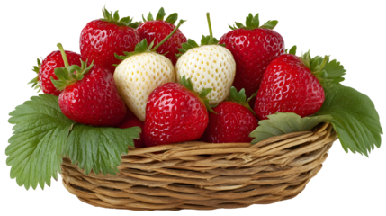 Basket of Ripe Red and White Strawberries with Green Leaves