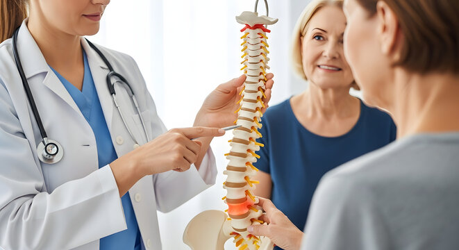 Doctor Explaining Spine Model to Patients Medical Consultation, Spine Anatomy, Healthcare, Back Pain.