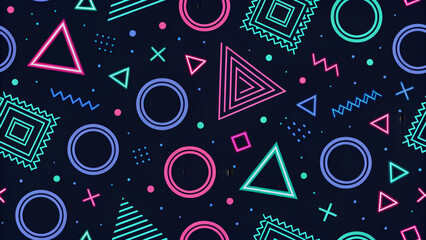 Fototapeta premium Dark Background Seamless Pattern with Neon Geometric Shapes and Lines 