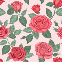 Seamless pattern with Rose flowers on pink background. Vector colored print illustration for design