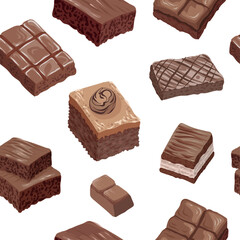 A vector illustration of a seamless pattern with chocolate brownies in different shapes and styles, featuring rich textures, toppings, and layers