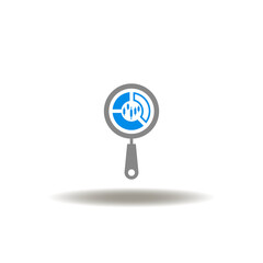 Vector illustration of magnifier with diagram chart and candle sticks. Symbol of RSI Relative Strength Index. Icon of finance trade investment analysis. Sign of financial analytics.