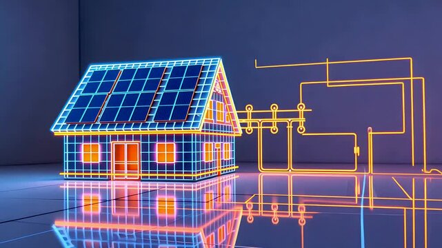 Glowing digital smart home model with solar panels and neon circuitry displaying renewable energy flow concept