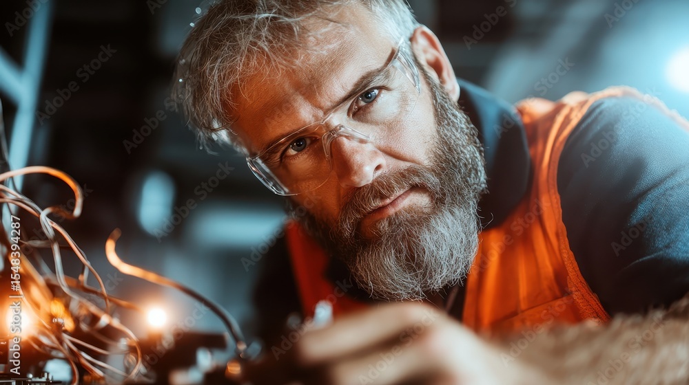 Poster a dedicated engineer intensely solves electrical circuits, showcasing the blend of technology and cr
