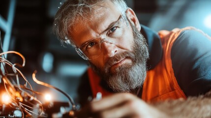 Obraz premium A dedicated engineer intensely solves electrical circuits, showcasing the blend of technology and craftsmanship in a well-lit workshop environment showcasing technical skills.