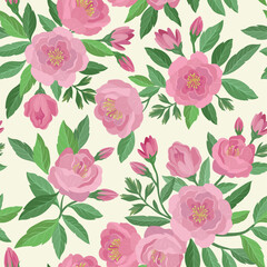 A seamless vector pattern featuring blooming pink peonies with green leaves on a light background