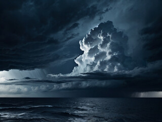 Dark navy blue monochrome photo of storm clouds over ocean, high contrast dramatic mood, minimal horizon