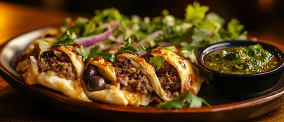 Savory Stuffed Bread Rolls with Ground Meat, Olives, and Fresh Herbs Served with a Spicy Dip