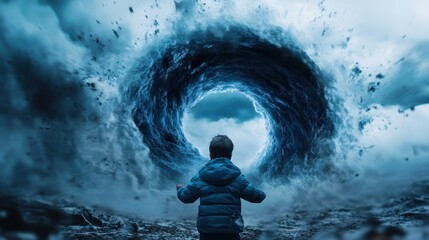 A child stands in awe before a swirling storm portal, showcasing the power of nature and the wonder of childhood imagination in a mesmerizing, artistic interpretation.