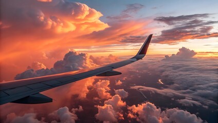 Naklejka premium Scenic View from Airplane Window with Dramatic Sunset Clouds and Wing of Aircraft in Flight – Stunning Aerial Travel Background Concept Perfect for Aviation, Sky, and Wanderlust