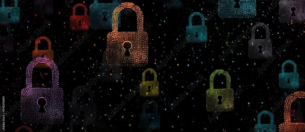 Poster a digital background featuring a pattern of colorful padlocks, representing data security and protec