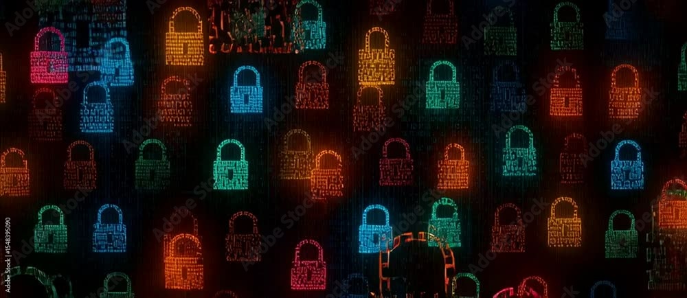 Poster a digital background with numerous colorful, glowing padlocks arranged in rows and columns on a dark